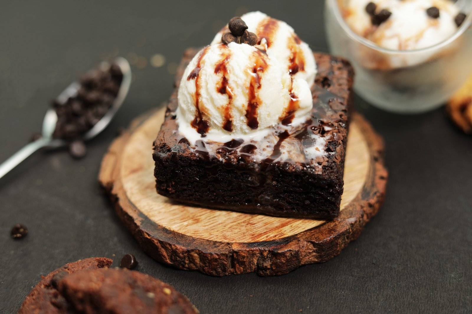 A warm chocolate brownie with ice cream