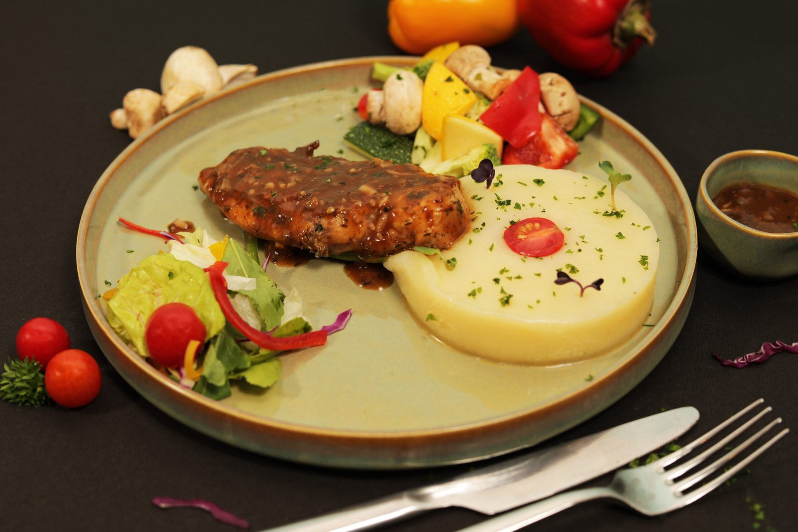 A wholesome grilled plate with vegetables